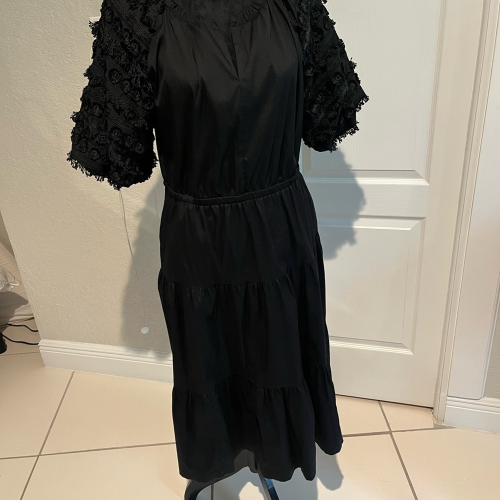 Chico's Black Tiered Midi Dress with Textured Puff Sleeves